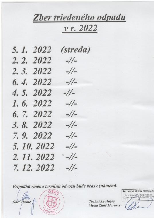 rozpis zberu triedeného odpadu v r. 2022